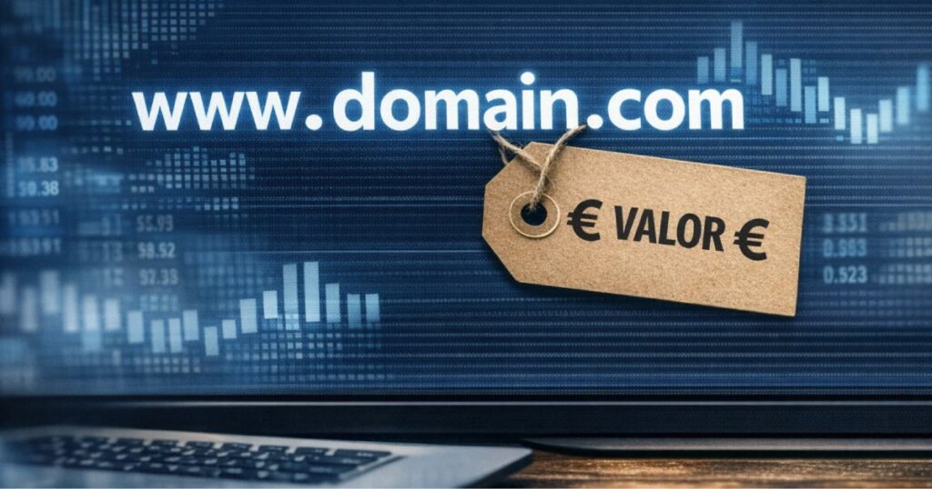 Etiqueta de preço presa a um domínio escrito num ecrã, simbolizando a avaliação de valor digital.