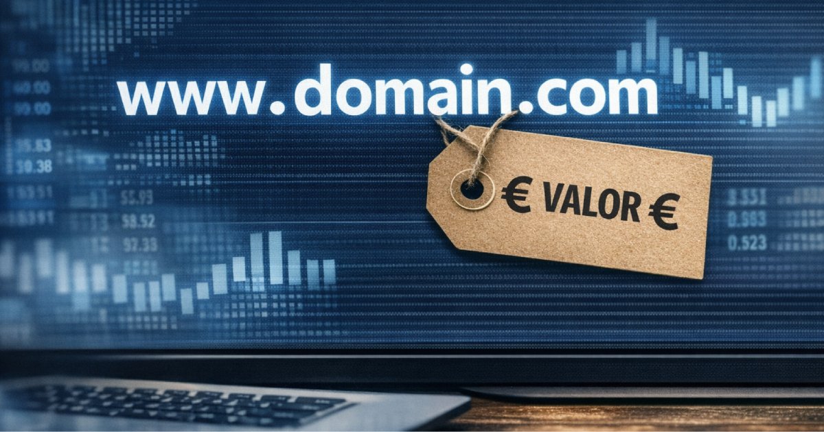 Etiqueta de preço presa a um domínio escrito num ecrã, simbolizando a avaliação de valor digital.