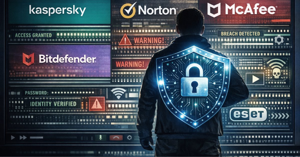 Silhueta de uma pessoa diante de um ecrã com logótipos de marcas de cibersegurança e alertas digitais, segurando um escudo luminoso com símbolo de cadeado, representando a união entre tecnologia e atenção humana na defesa contra ameaças online.