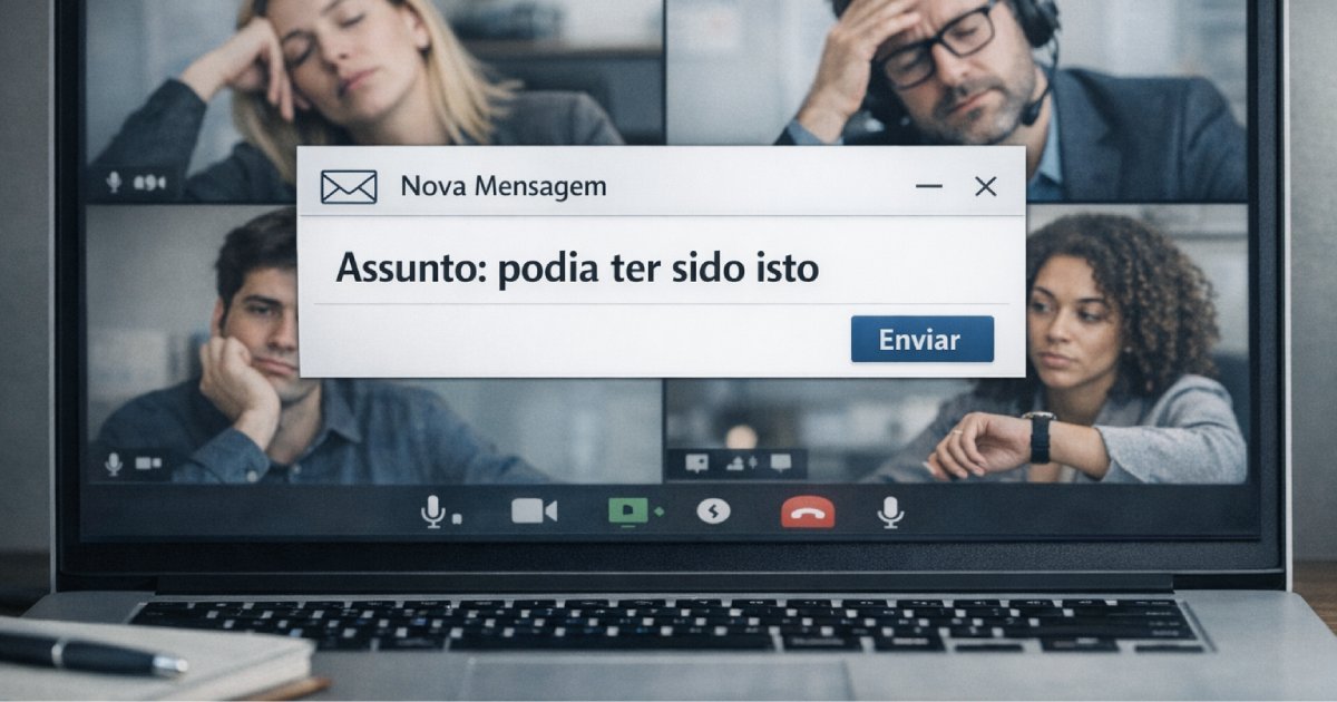 Ecrã de videoconferência com participantes aborrecidos e notificação de e‑mail a dizer “Assunto: podia ter sido isto”, simbolizando o humor das reuniões desnecessárias.