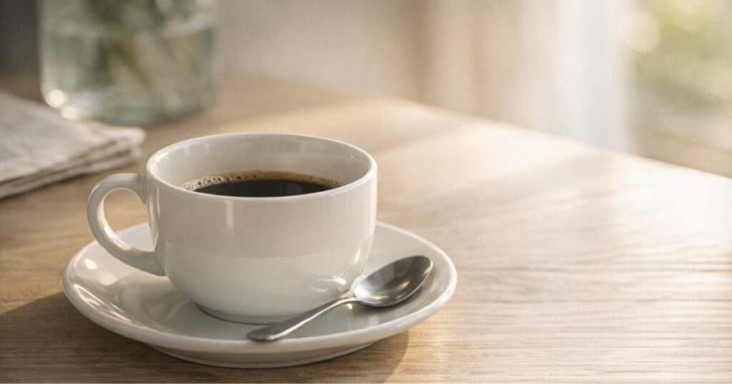 Chávena de café meio cheia sobre mesa iluminada por luz natural, simbolizando serenidade e o poder do suficiente.