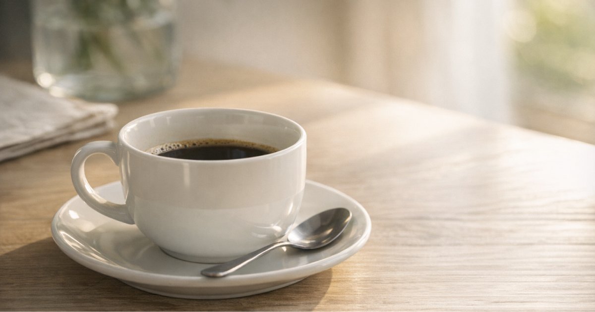 Chávena de café meio cheia sobre mesa iluminada por luz natural, simbolizando serenidade e o poder do suficiente.