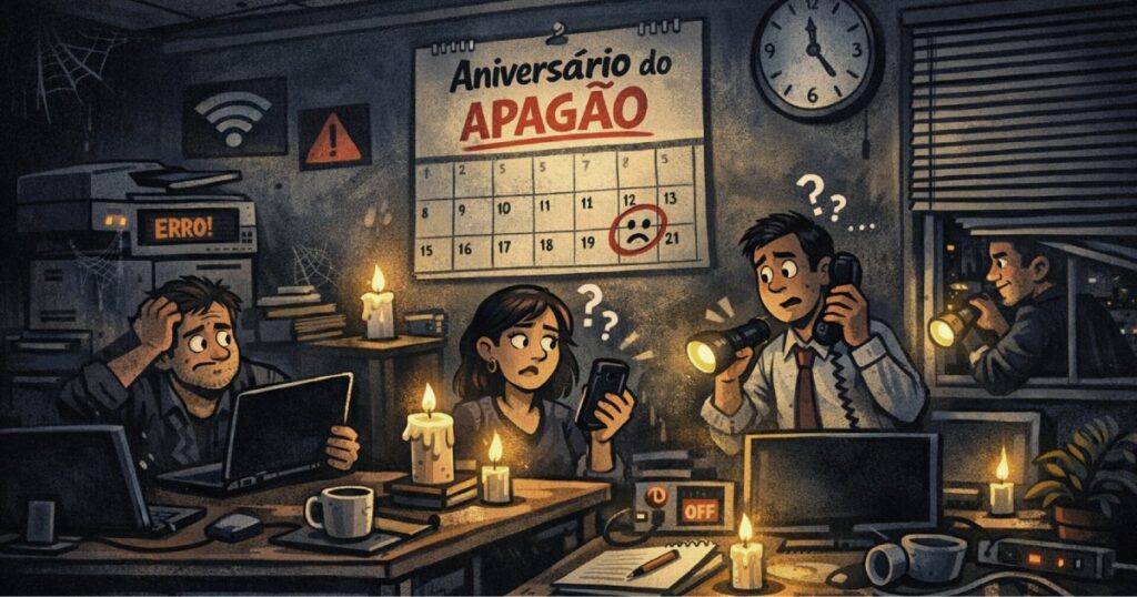 Ilustração de escritório sem eletricidade com calendário a marcar o aniversário do apagão.