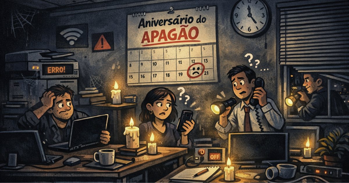 Ilustração de escritório sem eletricidade com calendário a marcar o aniversário do apagão.