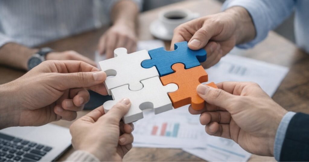 Mãos de uma equipa a unir quatro peças de puzzle coloridas sobre uma mesa de trabalho, simbolizando colaboração e construção conjunta no ambiente empresarial.