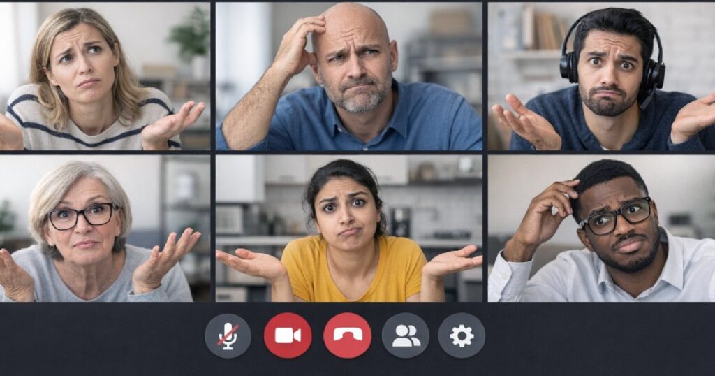 Ecrã de videoconferência com várias janelas, simbolizando as comédias digitais dos tempos Covid.