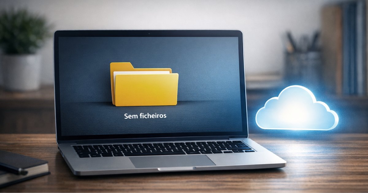 Pasta vazia num computador com ícone de cloud, representando o humor de encontrar ficheiros perdidos.