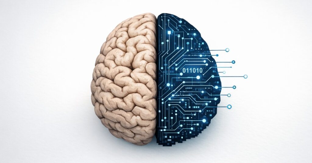 Cérebro metade humano, metade digital, simbolizando Google vs IA.