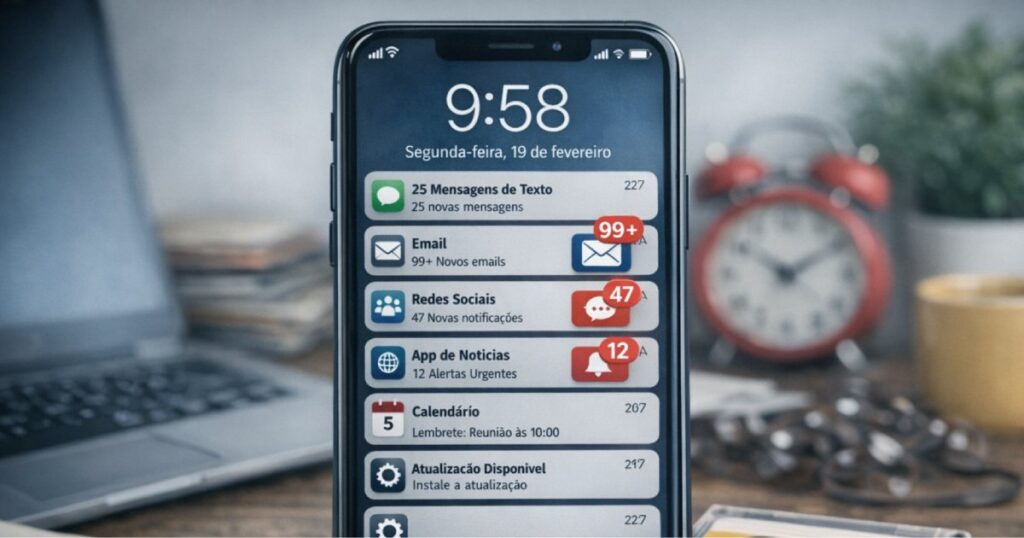 Telemóvel com várias notificações no ecrã, simbolizando a sobrecarga digital do dia a dia.