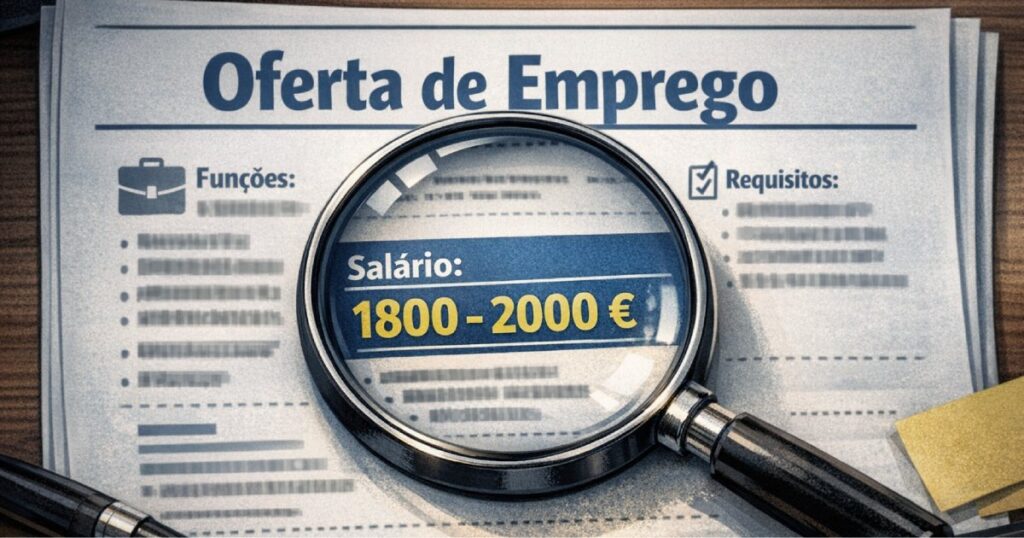 Ilustração de lupa sobre anúncio de emprego com salário destacado, simbolizando transparência e justiça.