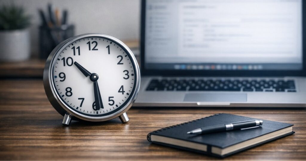 Relógio sobre uma secretária, simbolizando o valor do tempo no trabalho.