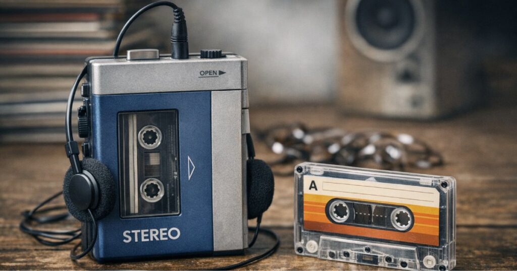 Walkman vintage azul e prateado com auscultadores e cassete ao lado sobre mesa de madeira, simbolizando a nostalgia da música portátil dos anos 80.