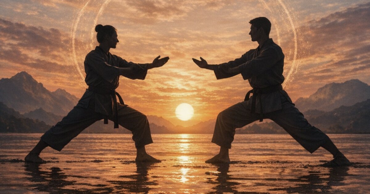 Dois praticantes de artes marciais em silhueta ao pôr do sol, refletidos na água, simbolizando equilíbrio, energia vital e foco interior.