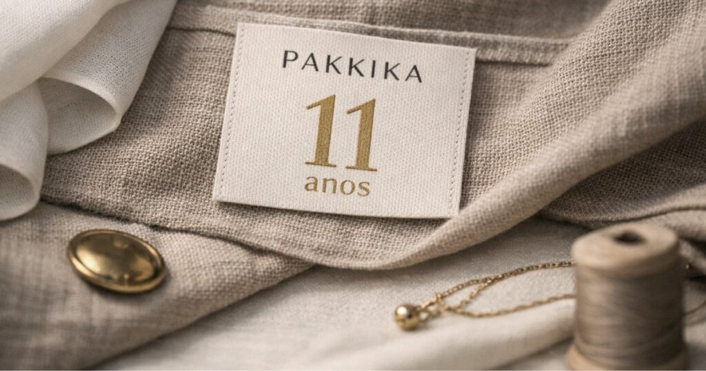 Detalhe de tecido e etiqueta em estilo editorial, simbolizando os 11 anos da marca Pakkika.