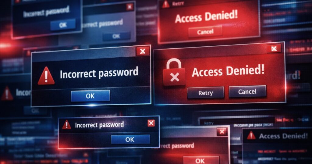 Ecrã de computador com várias janelas de erro sobrepostas, mostrando mensagens ‘Incorrect password’ e ‘Access Denied’, simbolizando o caos digital de quem tenta lembrar a password.