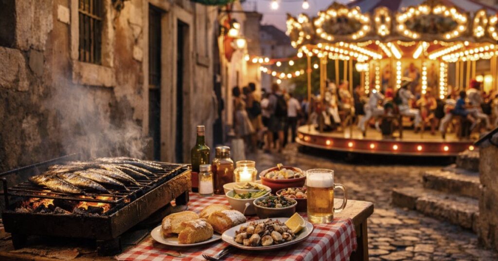 Cena de rua típica com sardinhas a grelhar e carrossel iluminado ao fundo, simbolizando o convívio e a alegria das festas de verão.