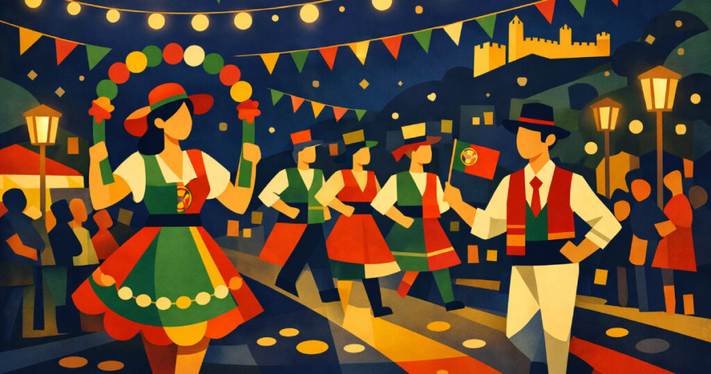 Ilustração abstrata das Marchas Populares, com figuras geométricas e cores de arraial sob luzes de junho.