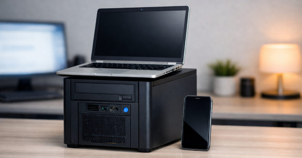 Portátil pousado sobre torre desktop com smartphone ao lado, simbolizando a convivência entre mobilidade e eficiência.