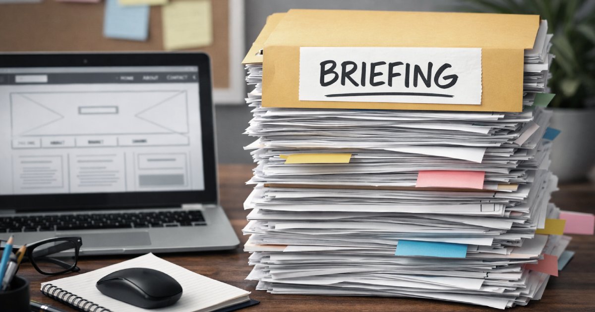 Mesa com computador e pilha de papéis chamada “briefing”, representando pedidos complexos disfarçados de simples.