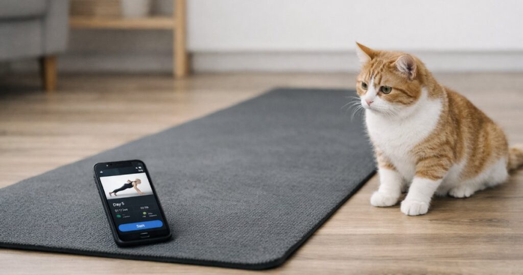 Smartphone com app de treino sobre tapete de exercício e gato curioso ao lado, em ambiente minimalista e bem‑iluminado.